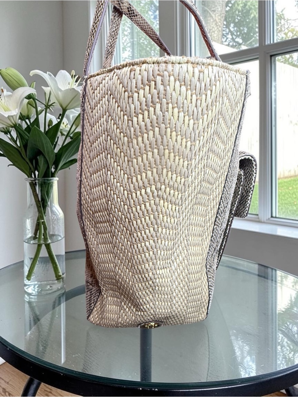 Tory Burch NWOT 797 Snake Skin and Raffia Open Tote - Picture 8 of 14